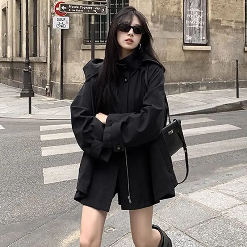 Korea Autumn New Female A-Shaped Loose Hooded Cloak Windbreaker Niche Fashion Wear Long-Sleeved Coat