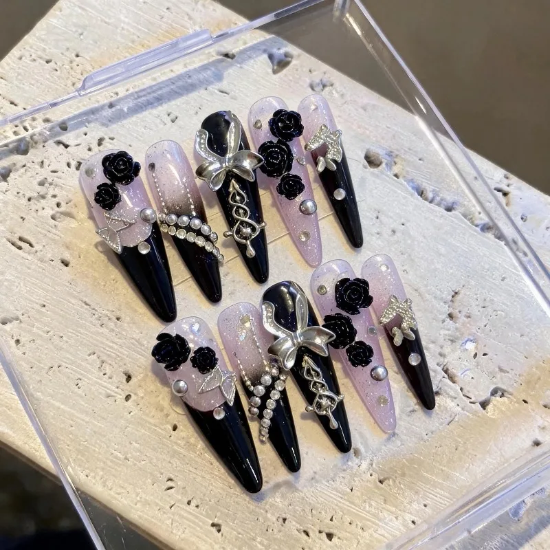 10PCS Gothic Black Gradient Long Oval Press on Nails Handmade 3D Rose Silver Bow Star Pearl Rhinestone False Nails High Quality