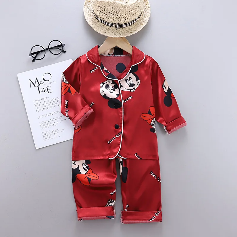 Disney Mickey Mouse Children Pajamas Suit Silk Satin Long Sleeve Top+Trousers 2Pcs Baby Boys Girls Cartoon Satin Set Nightgown