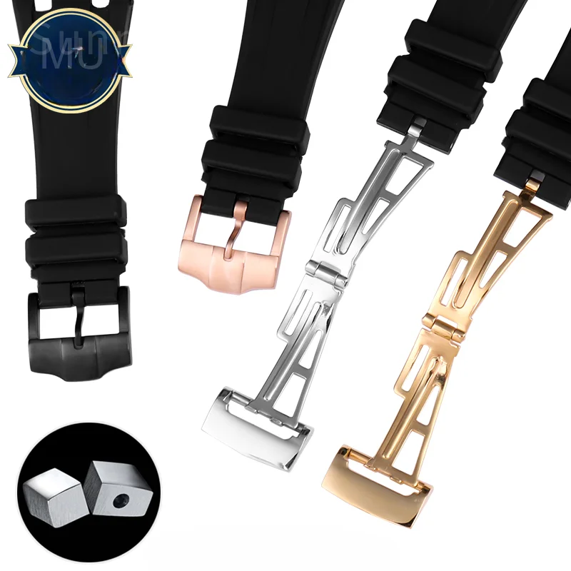 Gelang jam tangan silikon lembut pria untuk AP Royal Oak 15703 seri lepas pantai baja tahan karat lipat gesper Aksesori tali jam 26mm