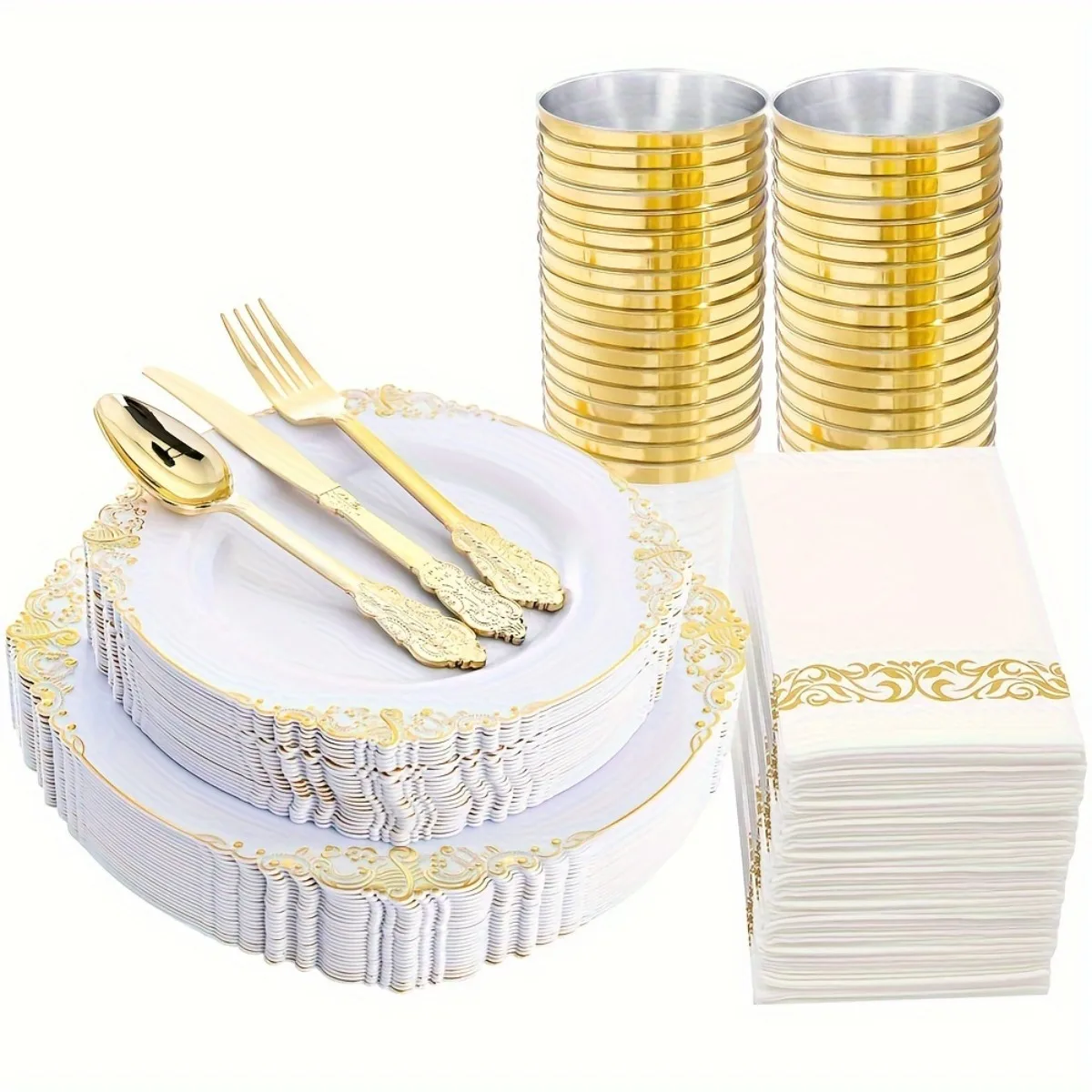 25pcs, 7.5-inch, 10.25-inch elegant gold-plated plastic plates - suitable for weddings, birthdays, Thanksgiving, and parties - i