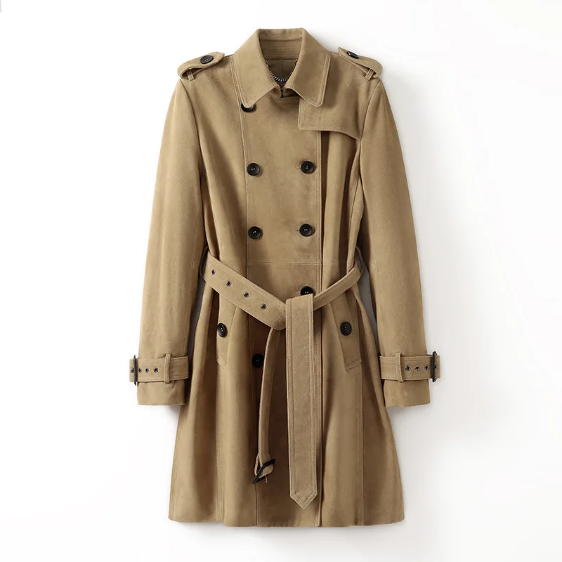 100% Goatskin Suede Trench Coat Women's Classic British Style Double-breasted Slim-fit Mid-length Real Sheepskin Trench Outwear