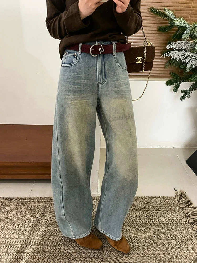 

Ретро Fce Широкие джинсовые джинсы Женские зимние модные брюки прямого кроя с высокой талией на молнии Теплый свободный крой