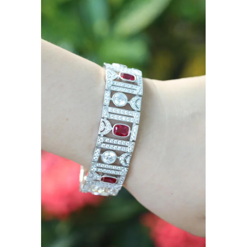 925 Silver gold plated bracelet High carbon diamond pigeon blood synthetic red corundum pillow shape Western antique