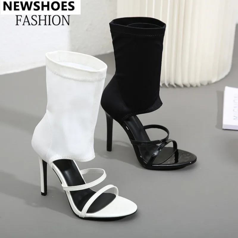 

Летние женские модные ботинки из эластичной ткани на высоком каблуке, дизайнерские туфли на высоком каблуке для вечеринок, женская обувь с открытым носком, Zapatos De Mujer