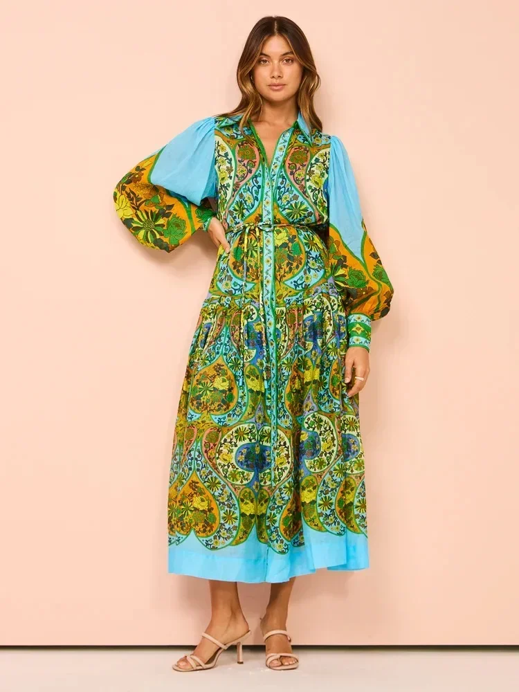 Robe mi-longue vintage à manches lanterne pour femmes, robe imprimée graphique, col rabattu, robe de soirée élégante, vacances décontractées, nouveau, 2024