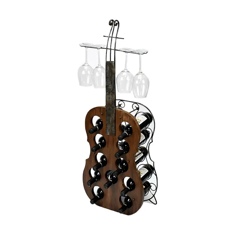 Cello Shape 11 Bottles Decorative Metal Wine Glass Rack Wooden Wine Bottle Holder Wine Rack Display