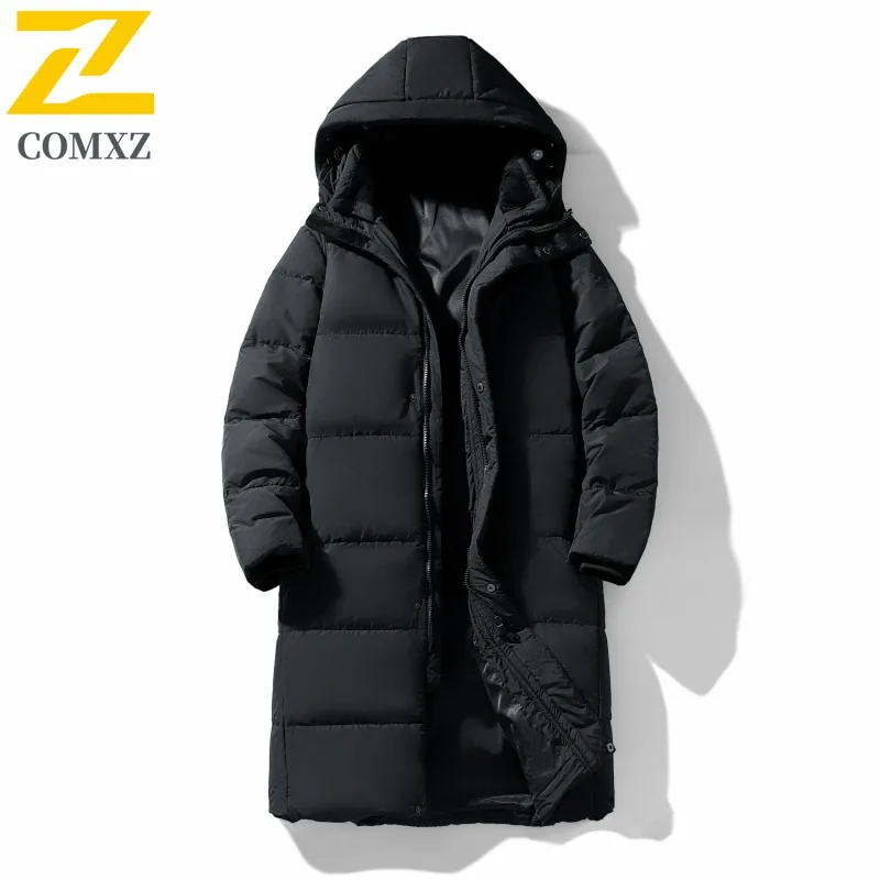 COMXZ Men Puffer Jacket Thickened Hooded Ski Street Warm Windproof Snow Winter Jacket High Quality Travel Long Padded Jackets