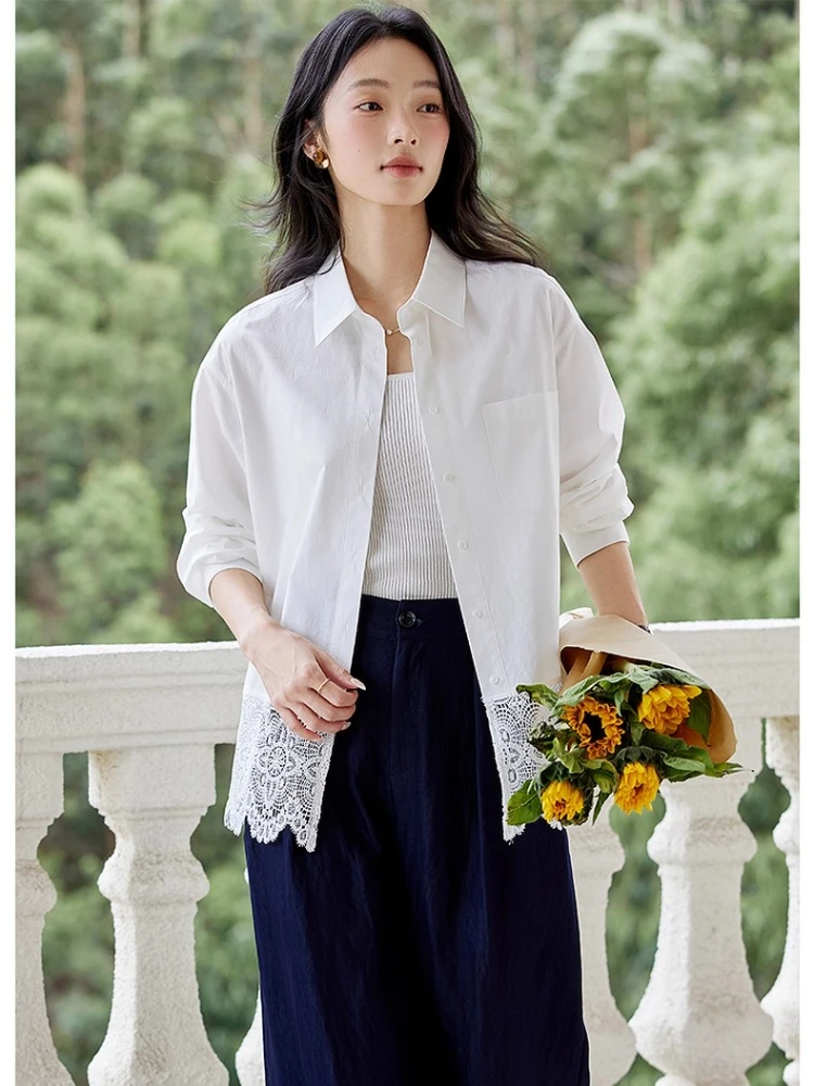 

VIMLY Pure Cotton Woman Shirt Autumn 2025 Casual White Long Sleeve Hollow Out Lace Splicing Female Blouse Polo Woman Shirt A2016