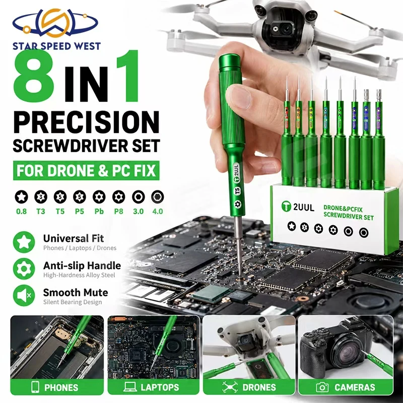 2UUL SD95 Drone PC Fix Precision Screwdriver 8PCS Set High Hardness Alloy Steel Bits Anti Slip Design for Laptops Drone Repair