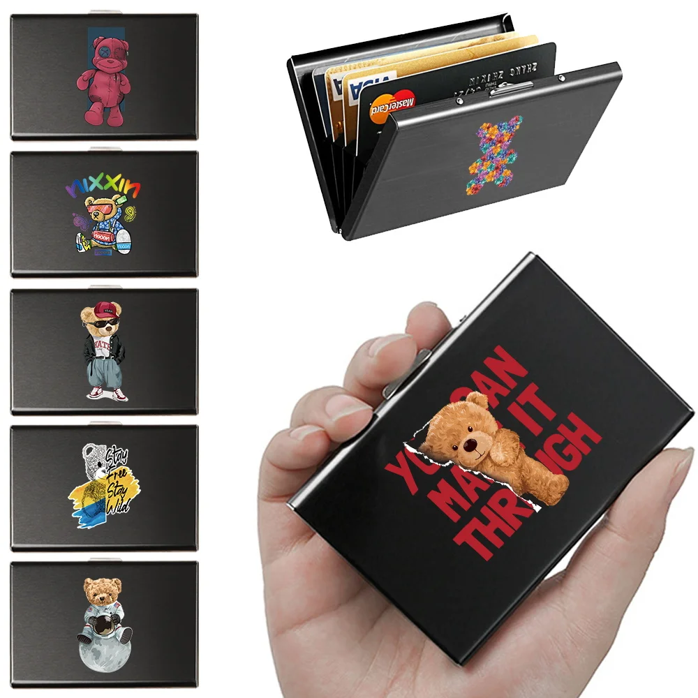 

Anti-theft Credit Card Holder Aluminium Metal Wallets Pocket Bear Printing Men Bank Credit ID Card Box Thin Small Wallet Case