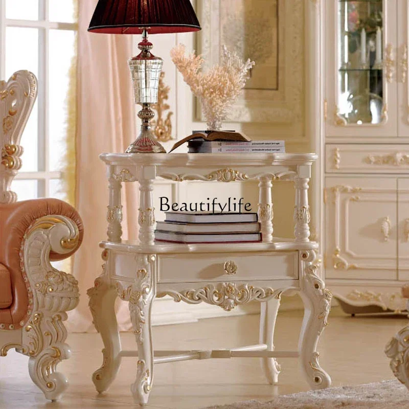 

3European-style carved corner table living room ivory white gold-painted small coffee table retro furniture