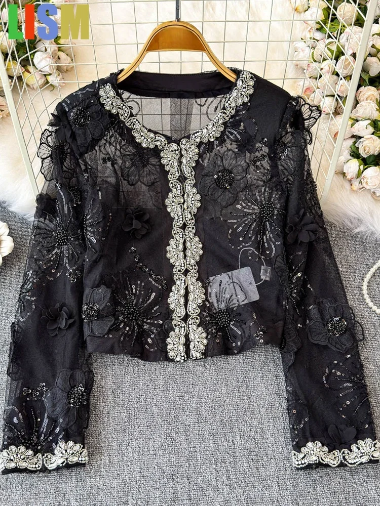 

LISM 2025 Mesh Spliced Jacket Embroidery Hollow Weaving Nail Bead Thin Coat Women winter jacket womanSequin flower chiffon