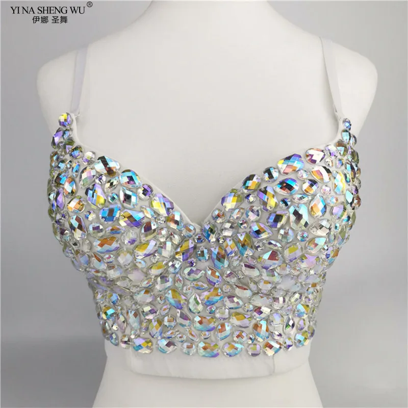 Women's AB Color Rhinestone Top Ladies Belly Dance Bra Corset Suspender Top Vest Bra Sequined Belly Dance Stage Performance Bra