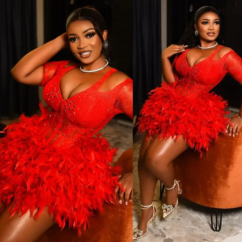 

Customized Fashionable A-Line Short Red Feather Princess Cocktail Party Dress Sexy Graduation Homecoming Plus Size Evening Dress