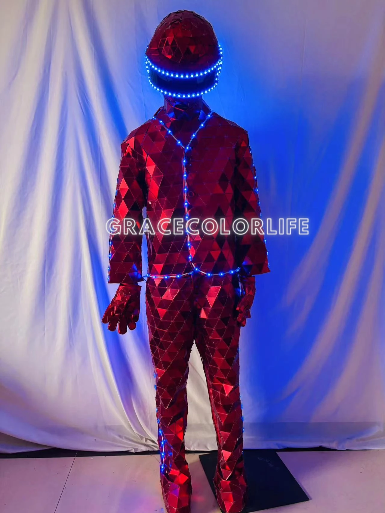 LED Light up Mirror Man Costume Full Body Stage Suit with Hand Crafted Glowing Show Mask Halloween Cosplay Outfit for Adults