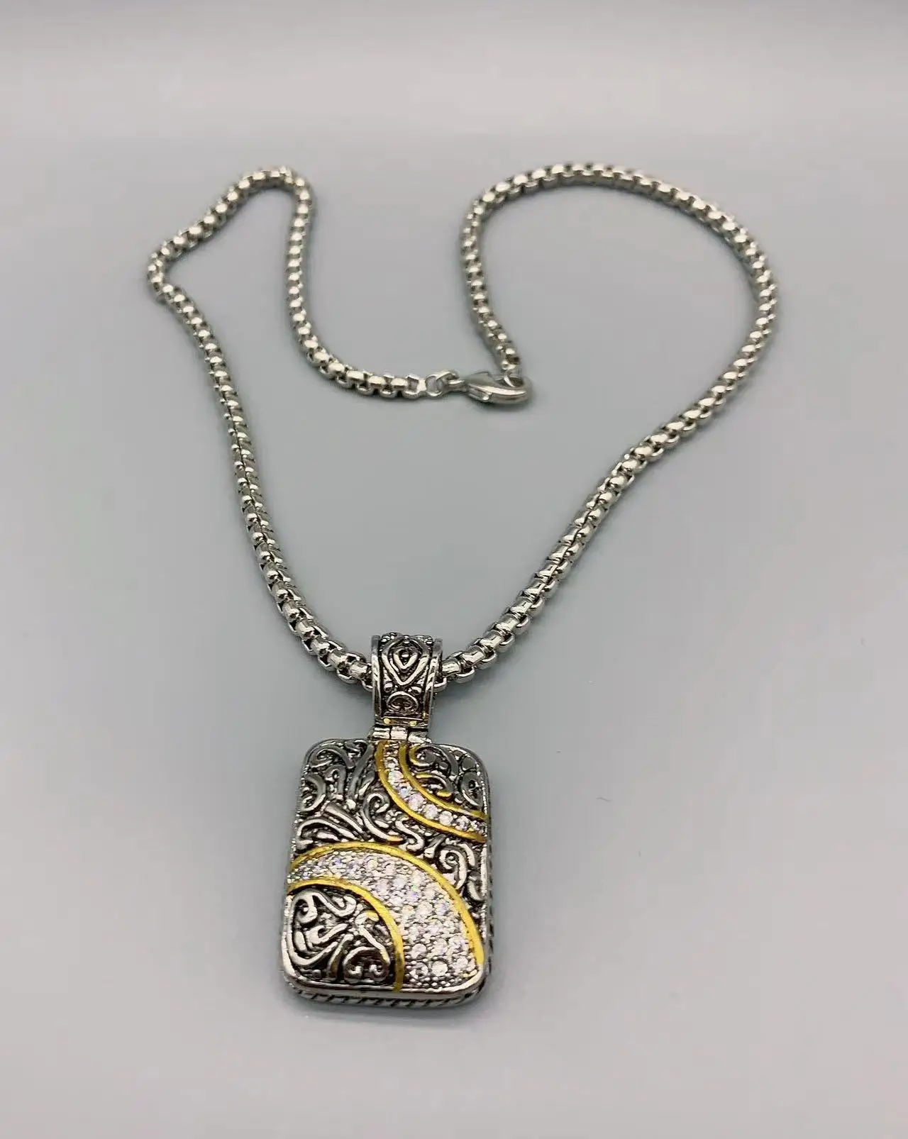 Le Han Jewelry Silver Tag Pendant Neckalce With 18K Gold Plated And Clear Cubic Zirconia Box Chain