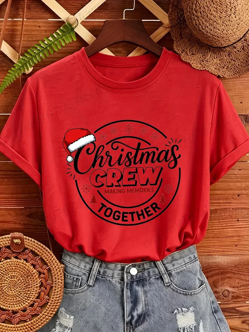 Christmas Crew Together T‑Shirt Family Matching Outfit Santa Hat Print Tees Women Casual Short Sleeve Xmas Holiday Party Tops