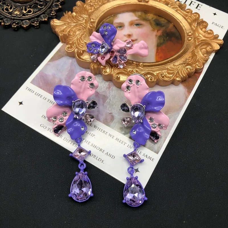 

Medieval Jewelry Light Luxury Long Flower Water Drop Earrings Advanced Color Spray Painting Craft Earrings Clips Ring Set