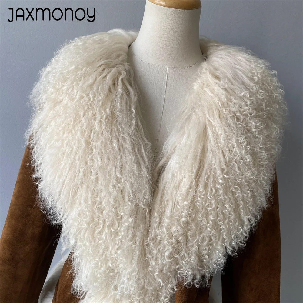 Jaxmonoy Women Real Suede Leather Jacket with Real Mongolian Sheep Fur Trim Lady Winter Fashion Genuine Leather Coat New Arrival