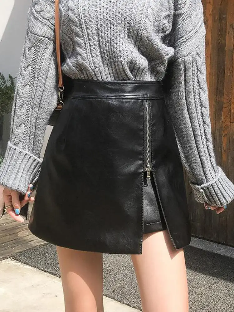Koreańska Moda Damska Czarna Skórzana Elegancka Seksowna Klubowa Krótka Spódniczka na Zamek Jesień Zima Beżowa Spódniczka Mini w Kształcie Litery A z Wysokim Stanem Popularna
