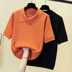 Korean Polo Collar Knitted Tshirt Sweater Women 2023 Summer Short Sleeve Oversized Pullover Tops Vintage Elegant Ladies Knitwear