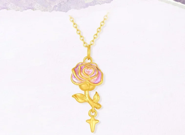 new arrival trendy jewelry 24k gold jewelry 999 real gold rose pendants for women baking varnish roses charms images - 6