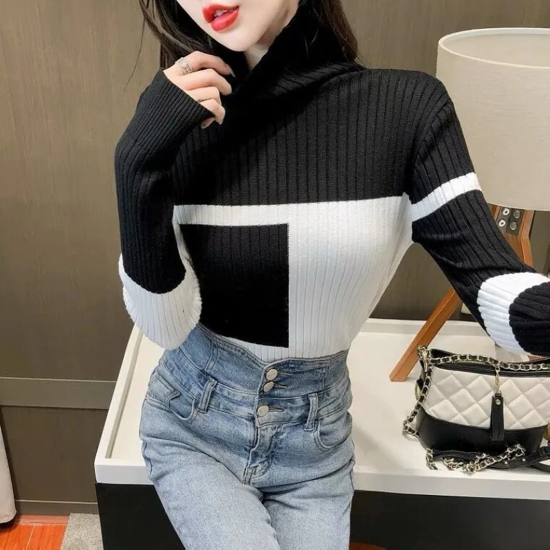 Women\'s Clothing Fashion Slim Spliced Knitted Pullovers 2023 Autumn Winter New Casual Commute Long Sleeve Sweaters for Female