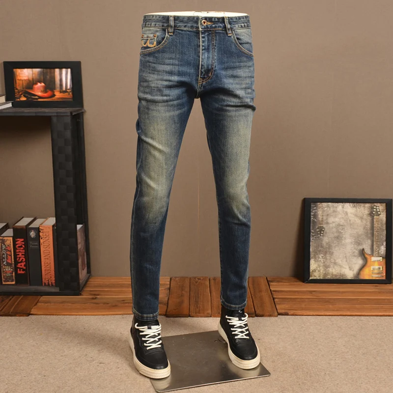 Newly Designer Fashion Men Jeans High Quality Retro Blue Stretch Slim Fit Vintage Jeans Men Embroidery Casual Denim Pants Hombre