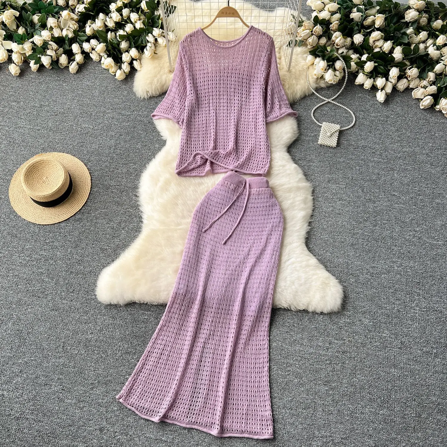 

Two Piece Sets Women Skirt Set Round Neck Short Sleeve Casual Loose Tops Long Skirts A Line High Waist Y2k Streetwear Elegant