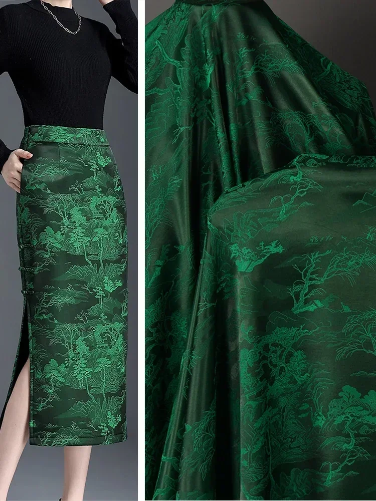 Imitation Acetic Acid Fabric Jacquard Green Cheongsam Skirt Dropping Soft Wrinkle Resistant Cloth Diy Sewina By Meters Material