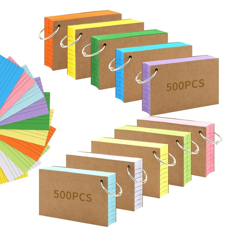 1000 PCS Index Cards Set 3X5 Inches Colored Flash Cards With Ring, Punched Lined Flashcards Ruled Index Cards Notecards Set Kit