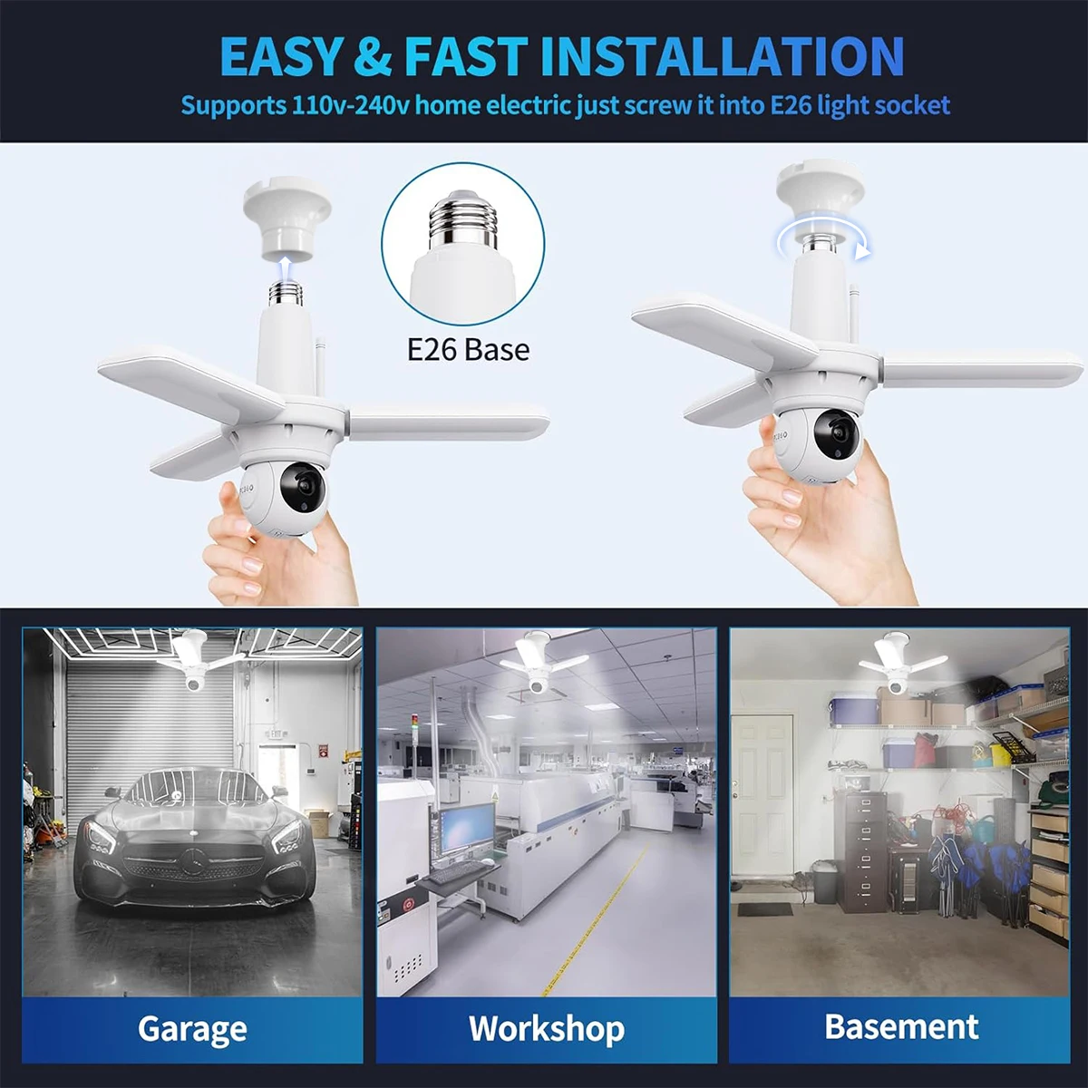 كاميرا بإضاءة LED لغرفة الغسيل المرآب قاعدة الممر E26 مع مستشعر حركة ذكي لمراقبة الذكاء الاصطناعي صوت ثنائي الاتجاه #4