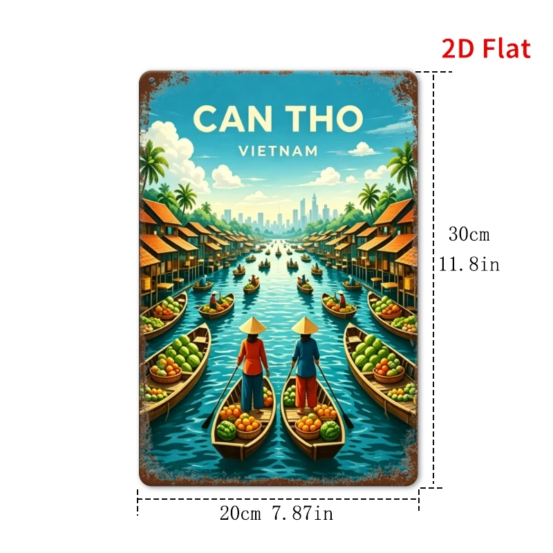 2D Flat Aluminum Wall Plaque, Vintage Can Tho Vietnam River Boat Metal Sign, Southeast Asian Decor