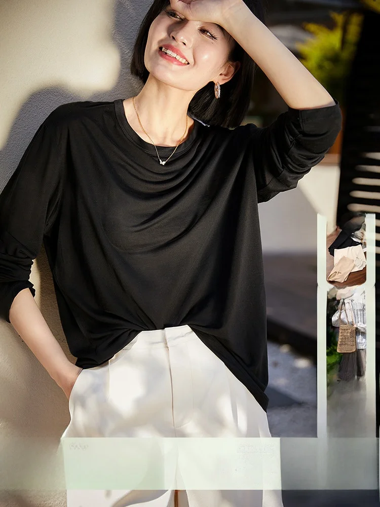 

Женская классическая футболка Lanxim с круглым вырезом, свободного кроя, для коррекции фигуры, с длинным рукавом, удобная, дышащая, для офиса и повседневной носки