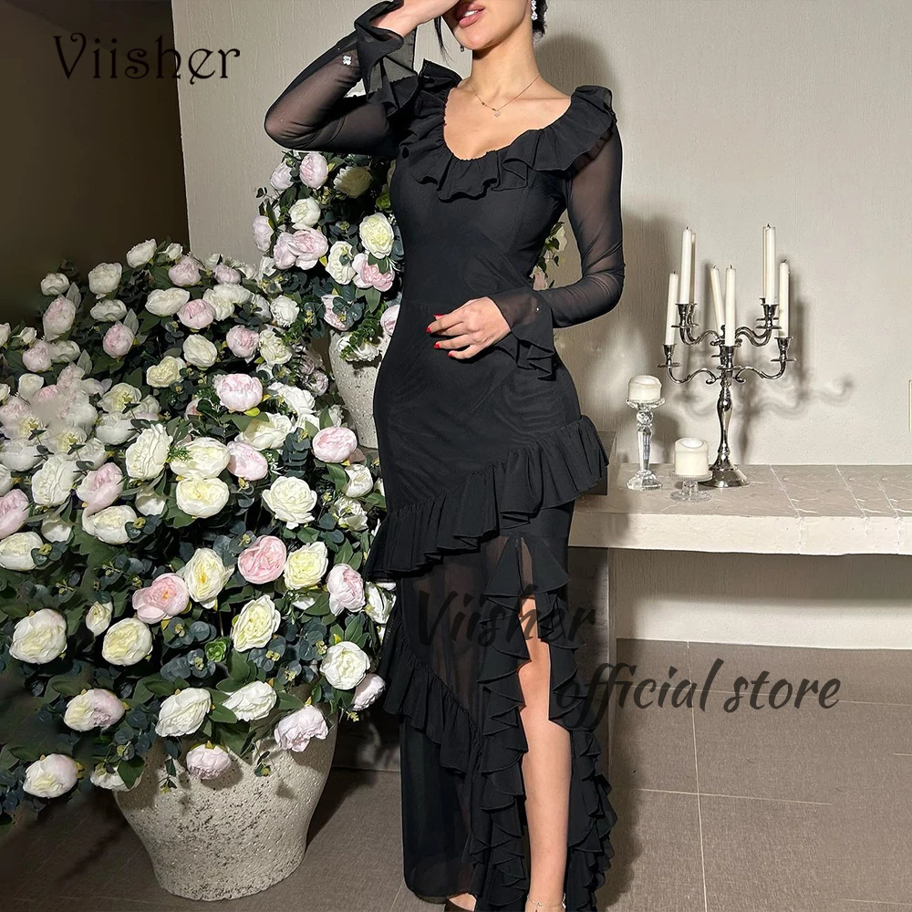 

Viisher Black Mermaid Evening Dresses Long Sleeve V Neck Arabian Dubai Prom Party Dress with Slit Long Formal Occasion Gowns