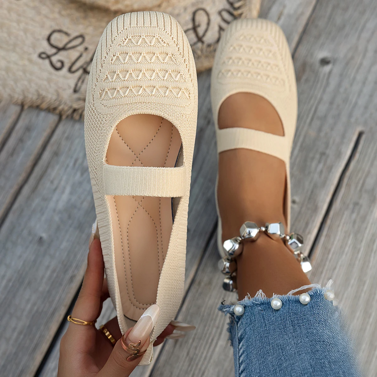 Cómodos zapatos de punto mocasines sin cordones, zapatos planos individuales perezosos para mujer y punta cuadrada Mary Janes