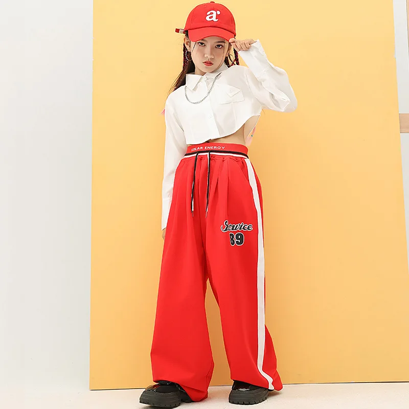 Kid Hip Hop Clothing White Short Crop Top Long Sleeve Shirt Red Casual Street Sweat Pants for Girl Jazz Dance Costume Clothes