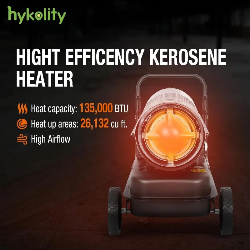 Hykolity 135,000BTU Forced Air Kerosene Heater,Portable Torpedo Space Heater Movable Wheels,Thermostat Control,Overheat Protect