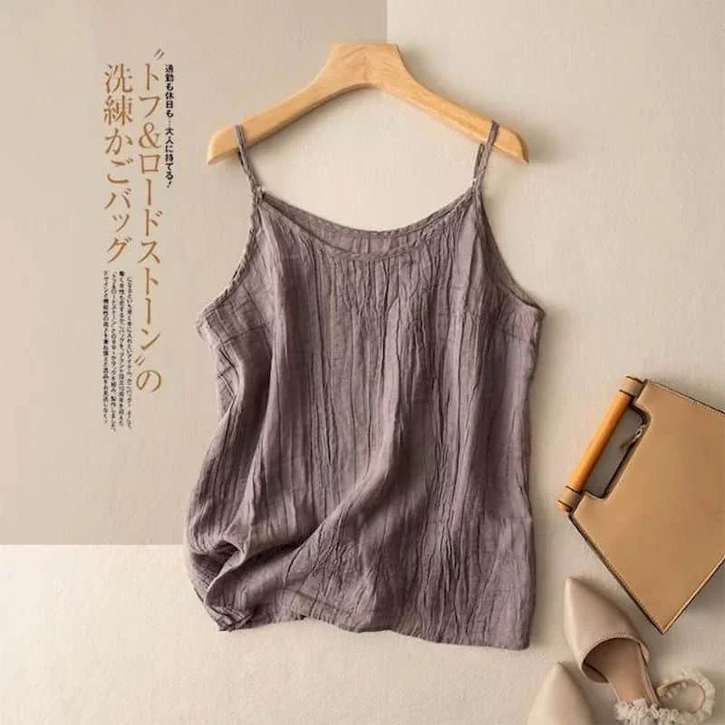 

Literary Vest Women Linen Minimalism Korean Style Casual Elegant Tanks Sleeveless T-shirts Cute Solid Summer Clothes for Women