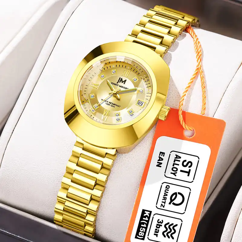 JONNY MOORE 8561 ساعة كوارتز ذهبية عصرية للنساء مع تصميم تاريخ تلقائي ساعات رائعة بحزام فولاذي للنساء Reloj Mujer