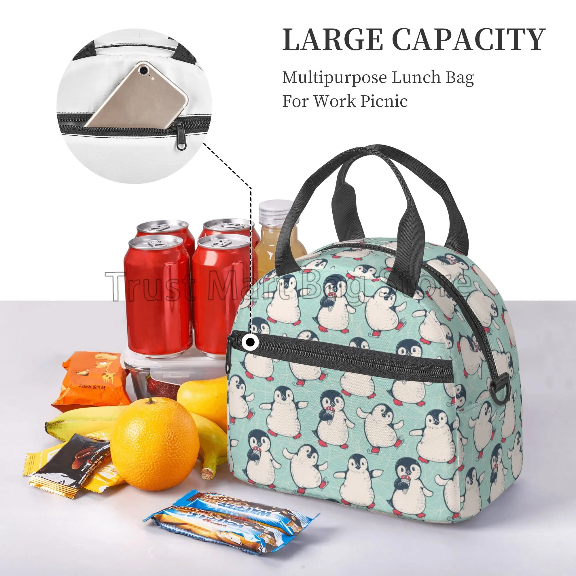 Cute Penguins Reusable Insulated Lunch Bag Cooler Bag Lunch Box Container with Adjustable Shoulder Strap for Picnic School Work
