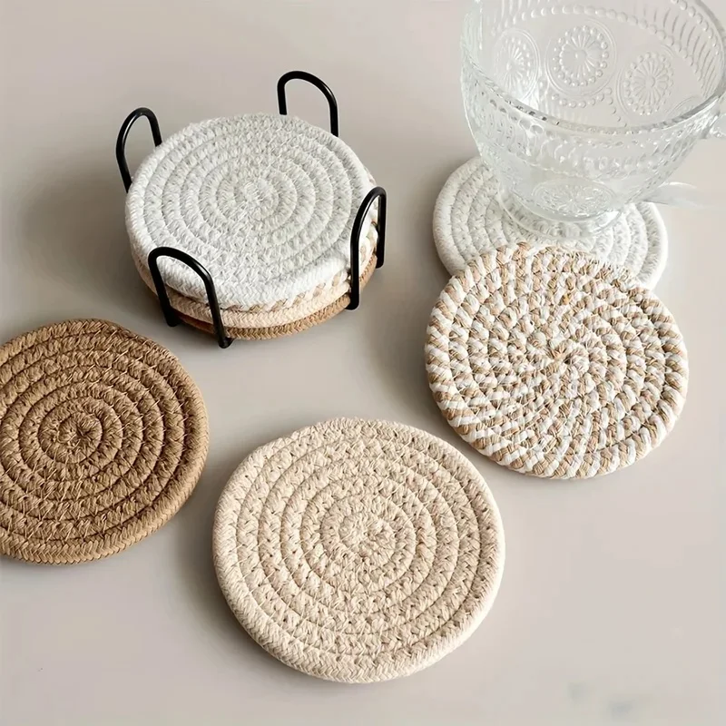 4/8pcs Woven Coaster Set with Holder High-Temperature Resistant Cup Coasters Absorbent Coasters for Coffee Tea Drinks