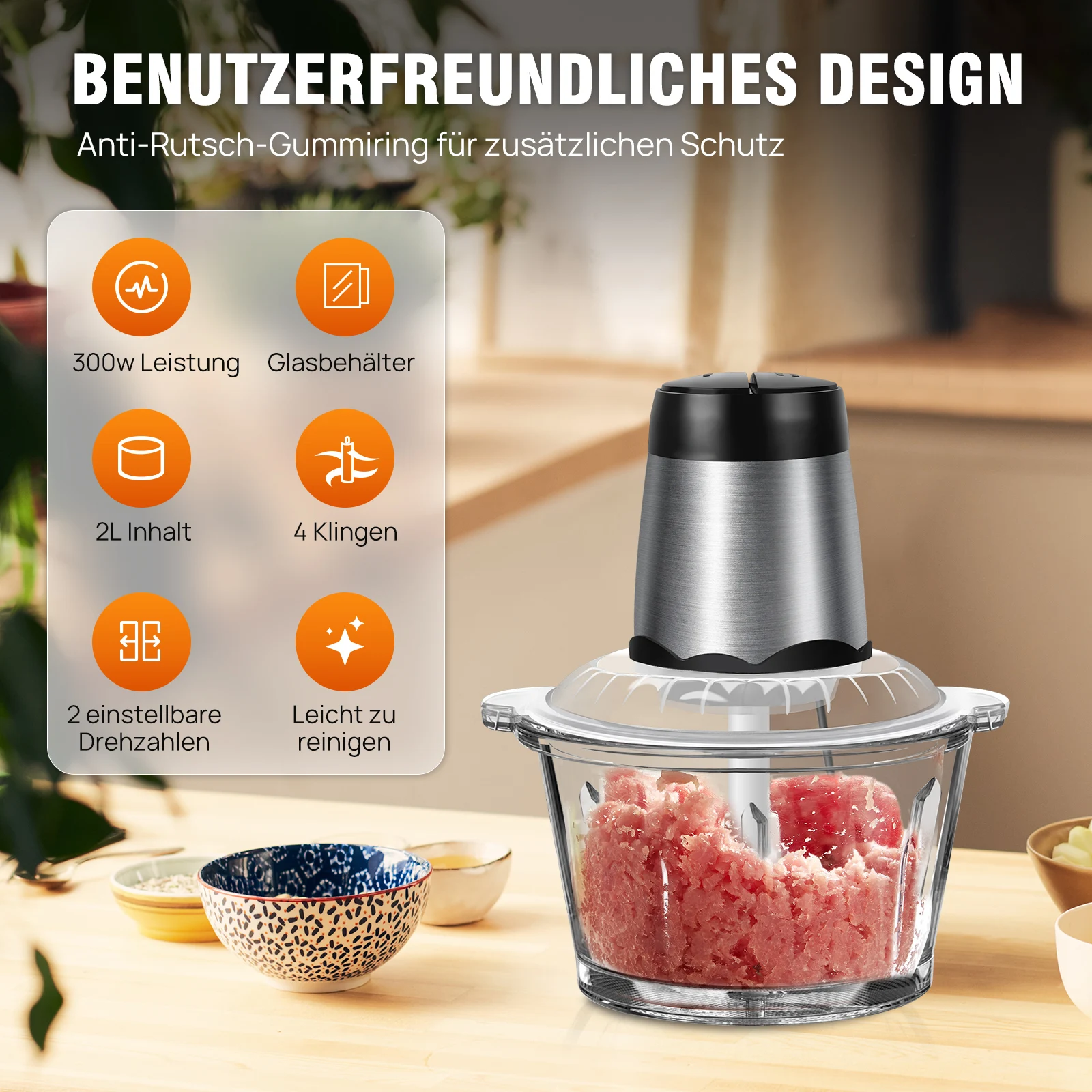 Elektrische Küchenmaschine & Zerkleinerer mit 2L Glasbehälter, Küchenmaschine mit 2 Geschwindigkeitsstufen, Fleischzerkleinerer mit 4 zweistufigen Klingen für Fleisch, Gemüse und Obst
