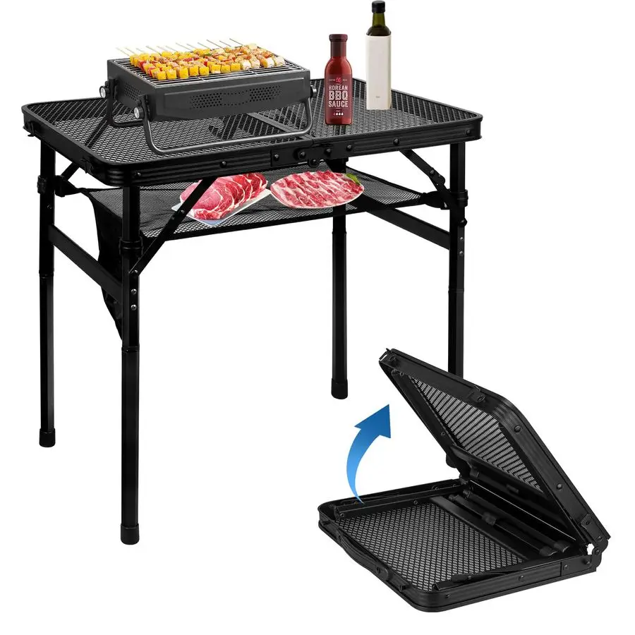 

Folding Grill Table, Height Adjustable Aluminum Table with Mesh Desktop and Mesh Bag, Portable Grill Table for Outdoor Camping,