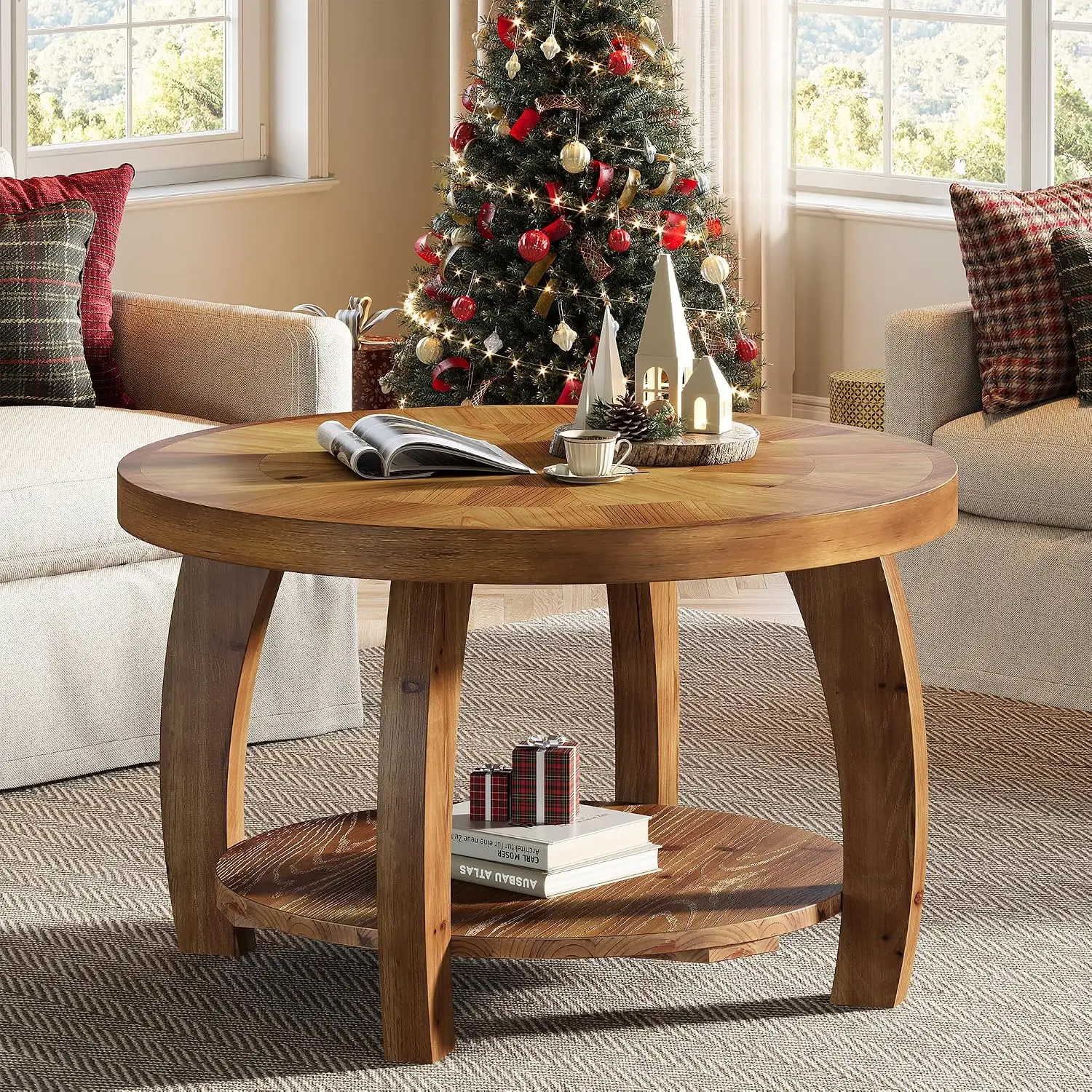 Solid Wood Round Coffee Table 2-Tier with Storage for Living Room, Customized
