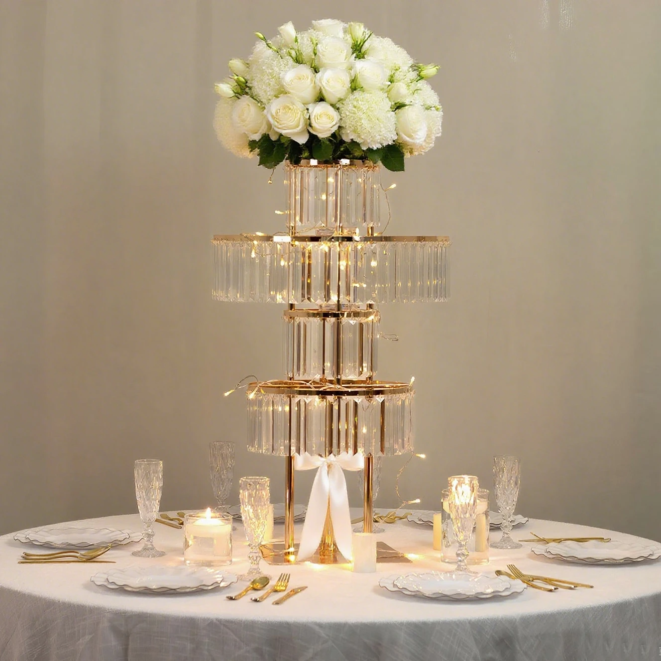 

4pcs f25 Wedding Centerpiece Decor Premium Tall Square Flower Vase Crystal Chandelier 5-Tier Table Centerpiece Flower Stand h14