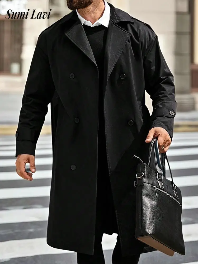 

Streetwear Mens Trench Jacket Coat Fall Winter Casual Solid Color Double-breasted Lapel Overcoats Men Classic Long Jackets