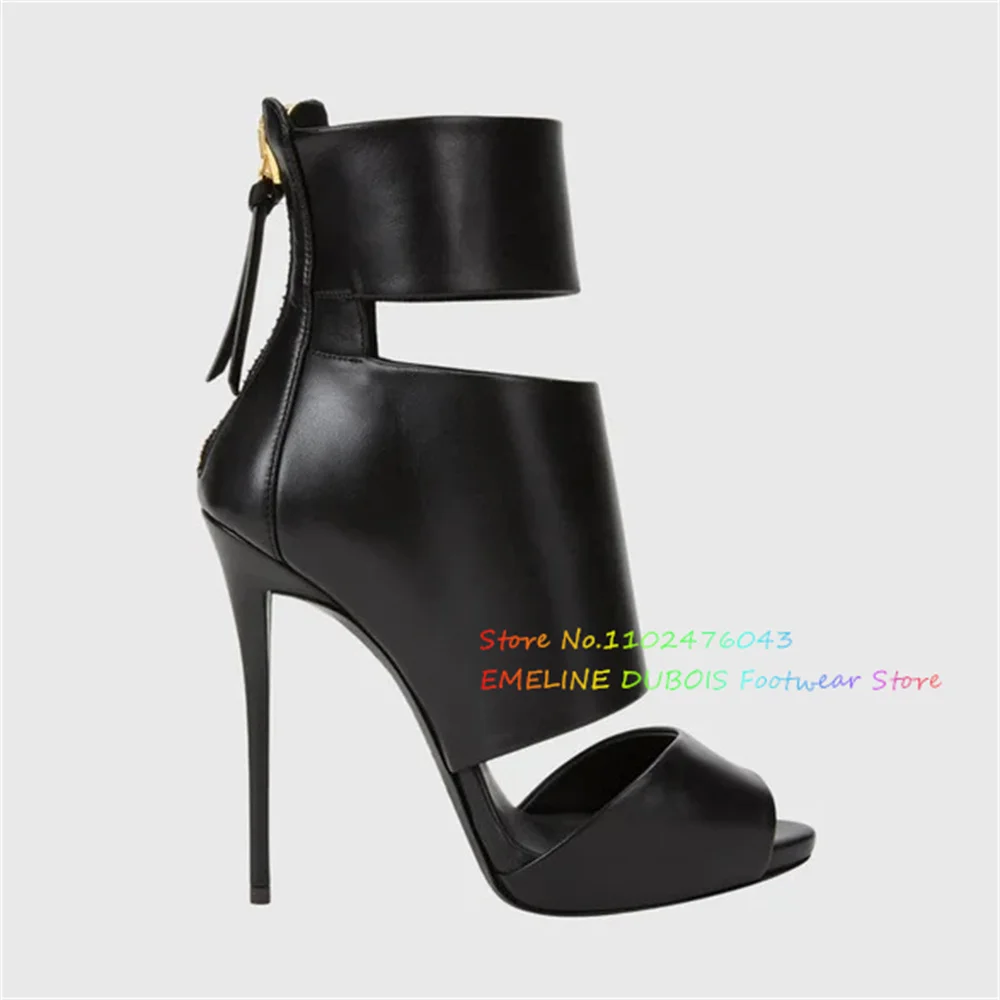 

Black Leather High Heel Sandals Sexy Open Toe Stiletto Heel Cut Out Hollow Back Zipper Soid Color Elegant Party Dress Shoes