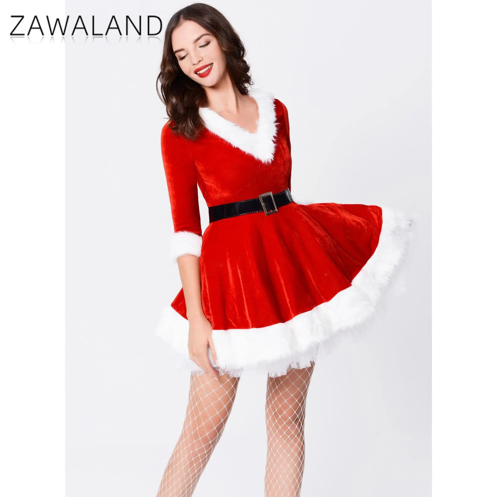 Zawaland Miss Claus Cosplay Costumes Women Christmas Party Dresses Sexy V-Neck Outfits Xmas Santa Sweetie Fancy Dress